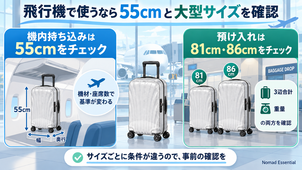 飛行機で使うなら55cmと大型サイズを確認する