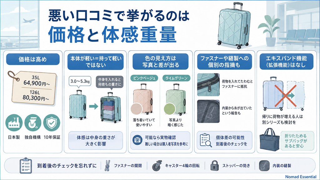 悪い口コミで挙がるのは価格と荷物を入れたときの重さ