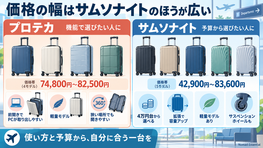 価格の幅はサムソナイトのほうが広い