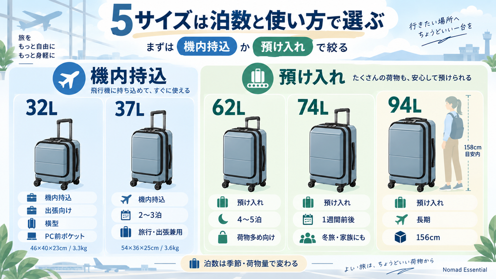 5サイズは泊数と使い方に合わせて選ぶ