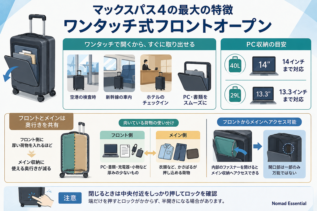 マックスパス4の最大の特徴はワンタッチ式フロントオープン