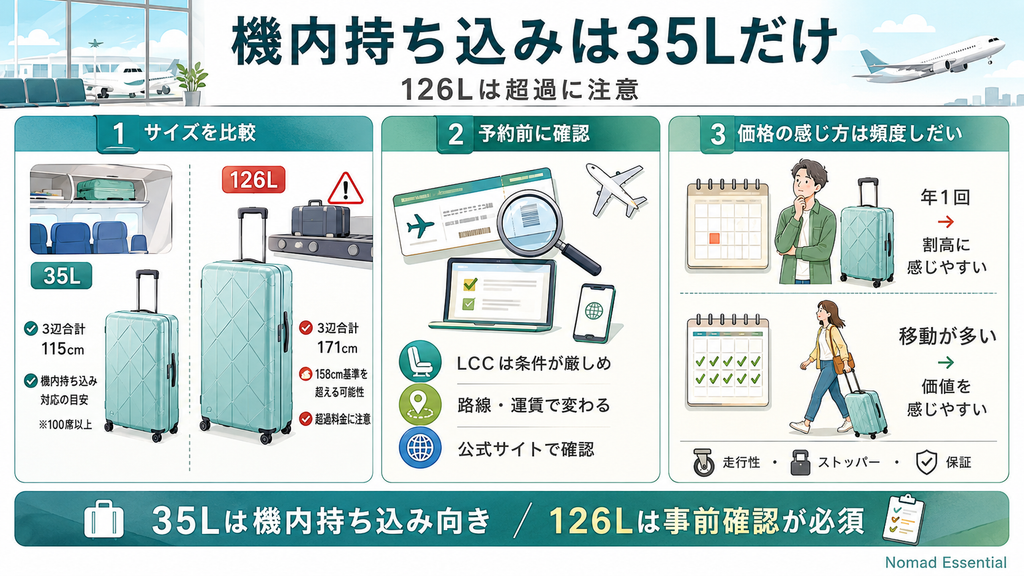 機内に持ち込めるのは35Lだけで126Lは無料枠を超える