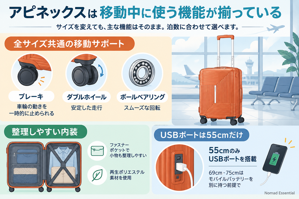 アピネックスは移動中に使う機能が揃っている
