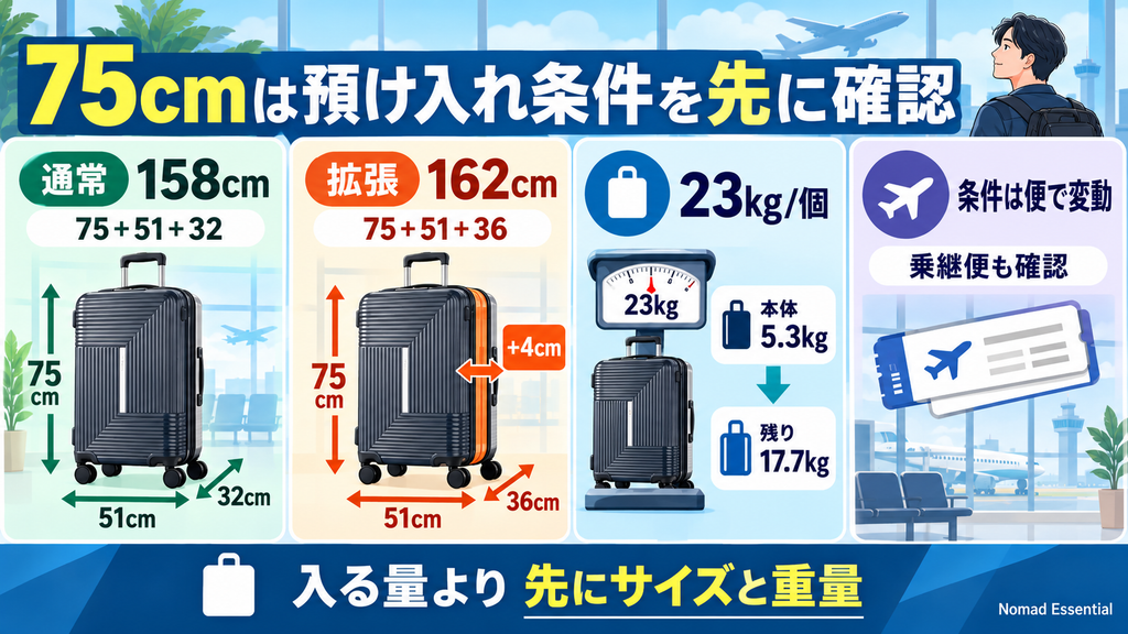 75cmは預け入れ前提のサイズ