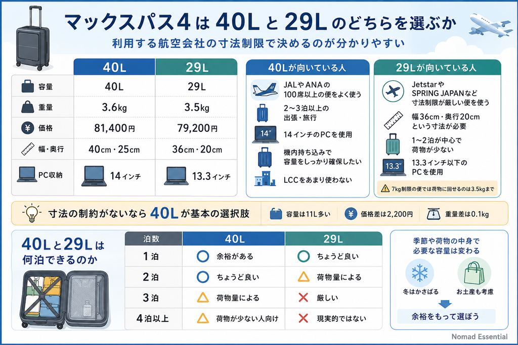 マックスパス4は40Lと29Lのどちらを選ぶか