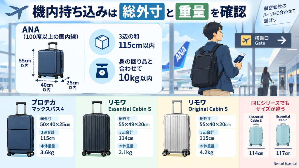 機内持ち込みは総外寸と重量をモデルごとに確認する