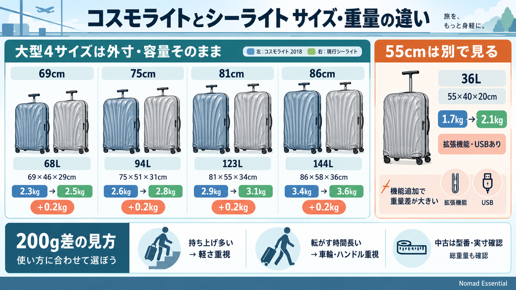 サイズと重量は大型4サイズで違いが見えやすい