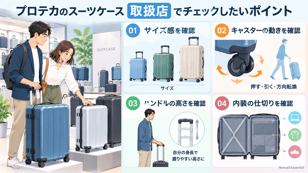 店頭ではサイズとキャスターとハンドルを確認する