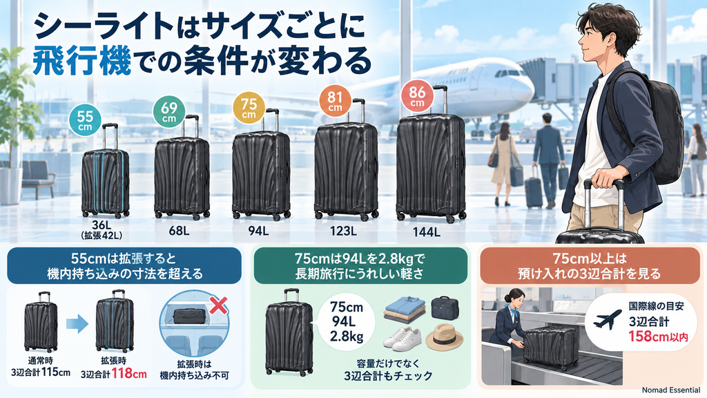 シーライトはサイズごとに飛行機での条件が変わる