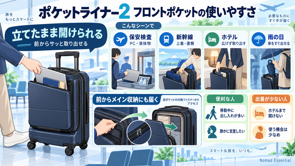 フロントポケットは立てたまま開けられるのが便利