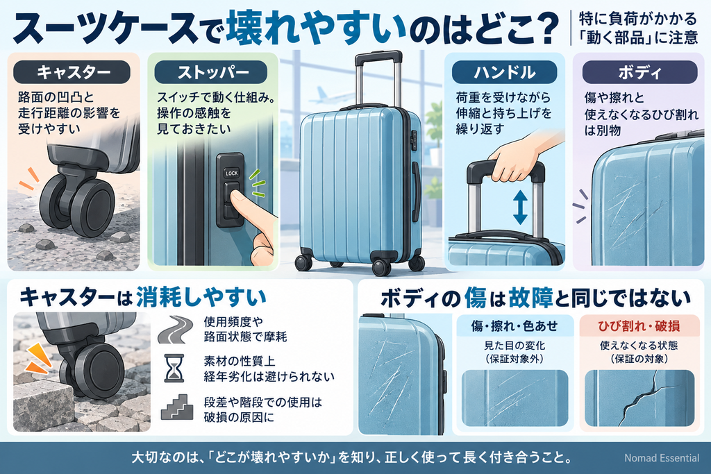 壊れやすいと感じやすいのはキャスターやハンドルなどの可動部