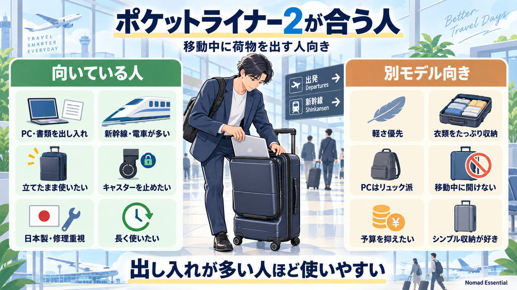ポケットライナー2が合いやすいのは移動中に荷物を出す人