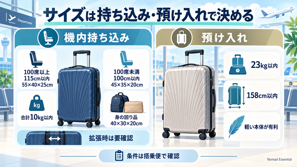 機内持ち込みと預け入れでサイズについて
