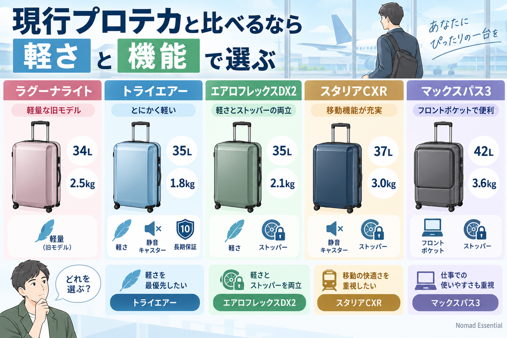 現行プロテカと比べるなら選ぶ基準は軽さと機能