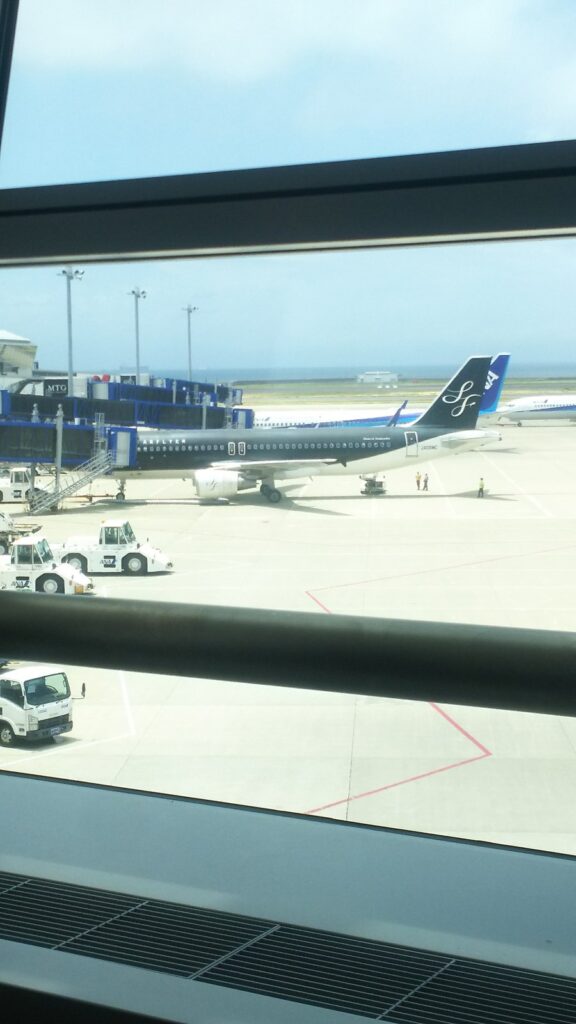 中部国際空港セントレアの窓越しに見える駐機中の旅客機